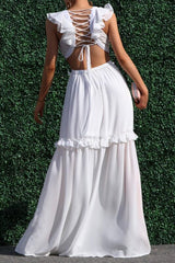 Elegant Ruffled Lace-up Backless Cutout V-Neck Maxi Dress
