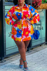 Cute Floral Print Long Sleeve Plus Size Shirt Dress