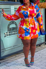 Cute Floral Print Long Sleeve Plus Size Shirt Dress
