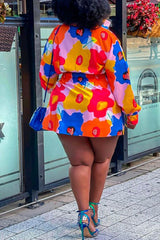 Cute Floral Print Long Sleeve Plus Size Shirt Dress