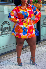 Cute Floral Print Long Sleeve Plus Size Shirt Dress