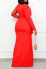 Asymmetric Ruched Patchwork Mesh Long-sleeve Maxi Dress