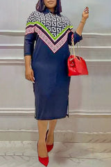 Stylish Elegant Geometric Print Plus Size Shirt Dress