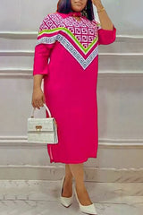 Stylish Elegant Geometric Print Plus Size Shirt Dress