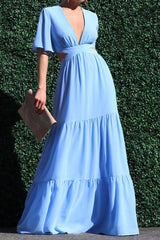 Temperament V-neck Hollow Waist Solid Color Chiffon Dress