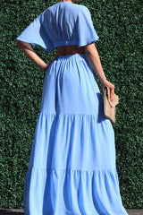 Temperament V-neck Hollow Waist Solid Color Chiffon Dress