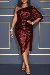 Sleek Sequined One-Shoulder Draped Midi Dress