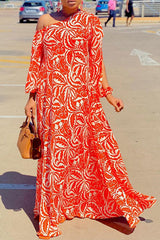 Printed Diagonal Neck Slit Sleeve Loose Maxi Dress