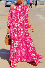 Printed Diagonal Neck Slit Sleeve Loose Maxi Dress