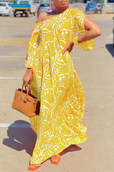 Printed Diagonal Neck Slit Sleeve Loose Maxi Dress