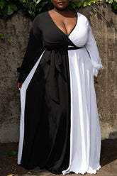 Plus Size V Neck Contrast Long Sleeve Swing Dress