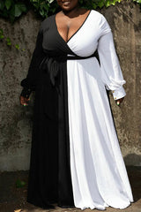 Plus Size V Neck Contrast Long Sleeve Swing Dress