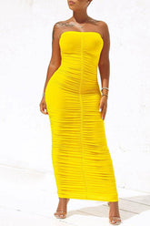 Casual Wrap Chest Sleeveless Crinkled High Stretch Slim Fit Long Dress