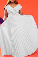 Fashion Ruffle V-Neck Pleated Long Dress