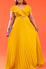 Fashion Ruffle V-Neck Pleated Long Dress