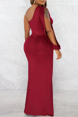 Temperament Solid Color Asymmetric High Waist Slit Evening Dress