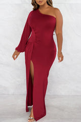 Temperament Solid Color Asymmetric High Waist Slit Evening Dress