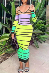 Fashionable Sexy V-Neck Backless Lace-Up Striped Long Dress