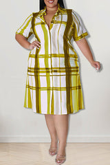 Plus Size Contrast Check Short Sleeve Shirt Midi Dress