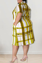 Plus Size Contrast Check Short Sleeve Shirt Midi Dress