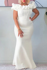 Elegant Solid Ruffle Neck Slim Fit Mermaid Evening Gown
