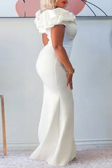 Elegant Solid Ruffle Neck Slim Fit Mermaid Evening Gown