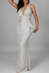 Elegant Sequin V-Neck Sleeveless Slim Fit Fishtail Dress