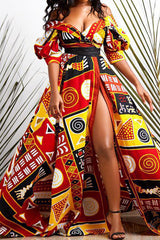 Ethnic Print Lantern Short Sleeve High Waist Long Dress