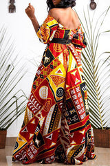 Ethnic Print Lantern Short Sleeve High Waist Long Dress