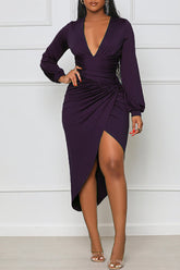 V-Neck Long Sleeve High Waist Slim Fit Irregular Midi Dress