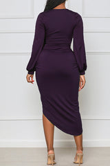V-Neck Long Sleeve High Waist Slim Fit Irregular Midi Dress