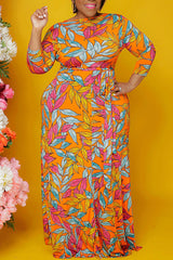 Leaf Print Casual Plus Size Maxi Dress