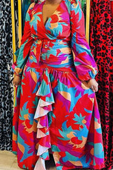 Vintage Print V-Neck High Waist Ruffled Slit Maxi Dress