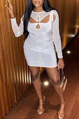 Fashion Sexy Round Neck Metal Ring Cutout Slim Fit Long Sleeve Dress