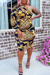 Temperament Commuter Fashion Retro Print Irregular Cutout Midi Dress