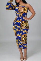 Temperament Commuter Fashion Retro Print Irregular Cutout Midi Dress