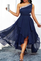 Stylish Asymmetric One-Shoulder Slant-Neck Swing Dress