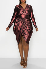 Plus Size V-Neck High Waist Irregular Drape Midi Dress