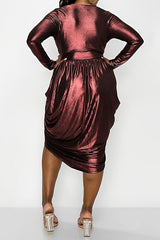 Plus Size V-Neck High Waist Irregular Drape Midi Dress
