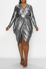 Plus Size V-Neck High Waist Irregular Drape Midi Dress