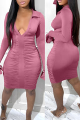 V-Lapel Long Sleeve Gathered Slim Fit Midi Dress