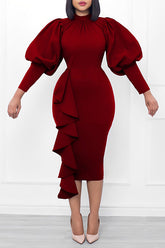 Temperament Elegant Lantern Long-sleeved Irregular Ruffle Midi Dress