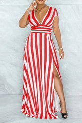 Temperament Stripe Print Short Sleeve V-neck Slim Fit Slit Maxi Dress