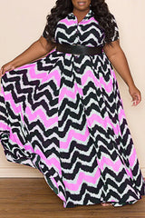 Fashion Geometric Print Short Sleeve Shirt Neck Plus Size Maxi Dress (Without Belt)