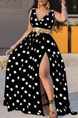 Sexy Polka Dot Print Sleeveless V-Neck High Slit Maxi Dress (Without Belt)