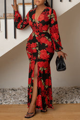 Sexy V-neck Long Sleeve Flower Print Slim Fit Slit Maxi Dress