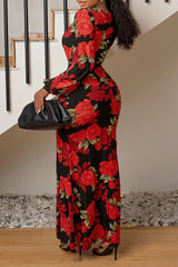 Sexy V-neck Long Sleeve Flower Print Slim Fit Slit Maxi Dress