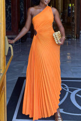 Elegant Solid Color Waist Cutout One Shoulder Sleeveless Pleated Maxi Dress