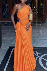 Elegant Solid Color Waist Cutout One Shoulder Sleeveless Pleated Maxi Dress
