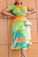 Temperament Short Sleeve Print Slim Pleated Midi Dress